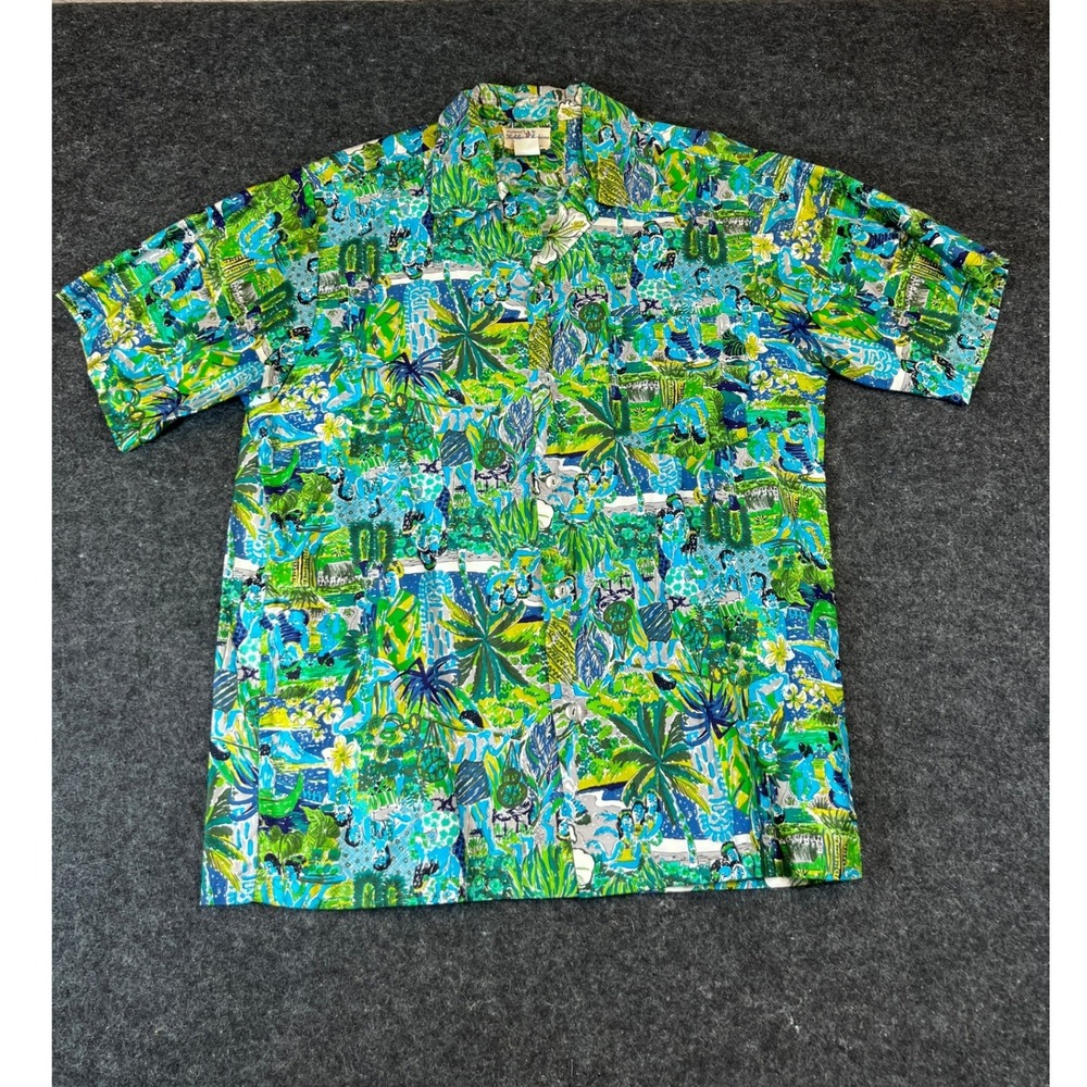 Vintage 1970s Hukilau Fashions Button Up Shirt Mens Large Green Hawaiian Camp